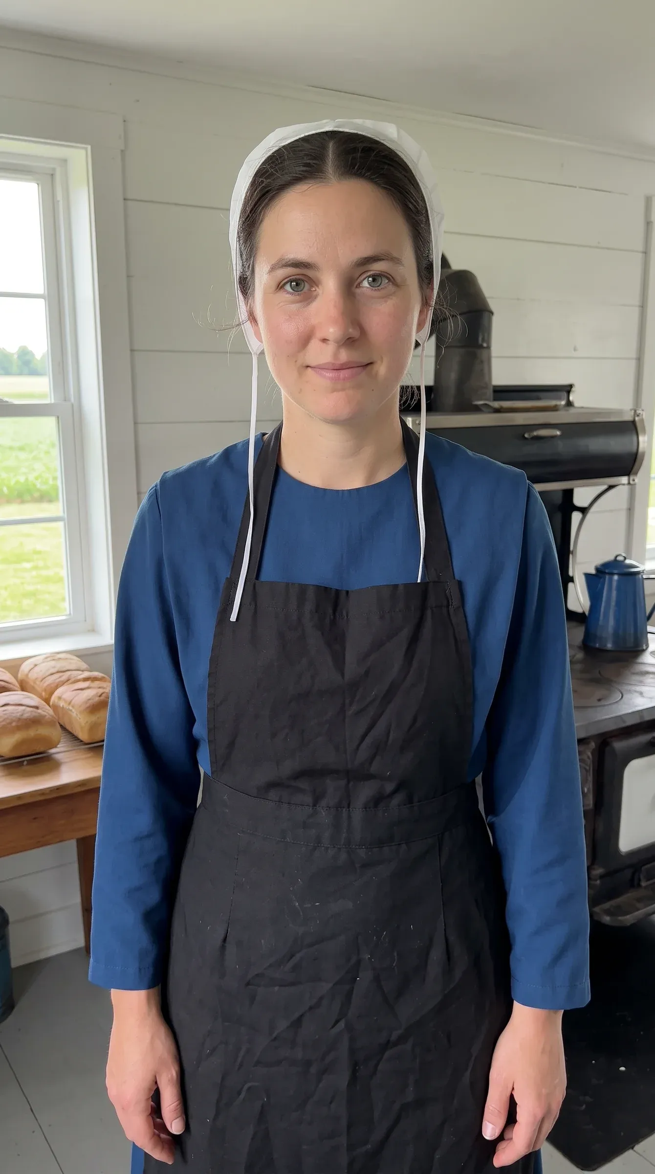 AI-generated Amish woman in a prayer covering and black apron in a farmhouse kitchen