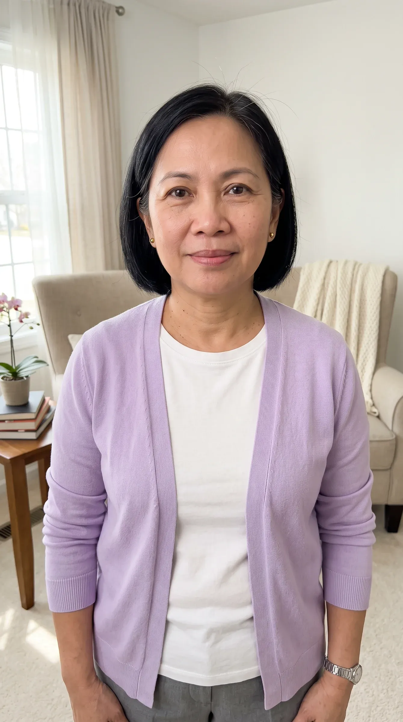 AI-generated caregiver in a lavender cardigan in a bright living room