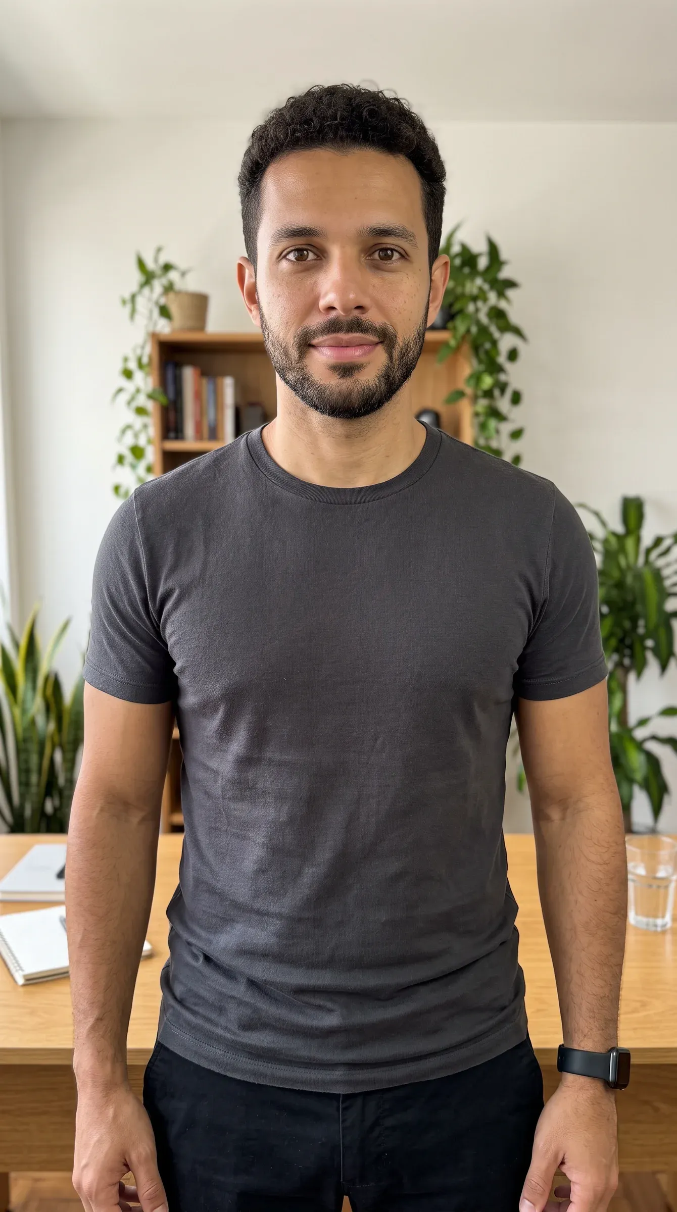 AI-generated mindset coach in a charcoal t-shirt in a bright home studio