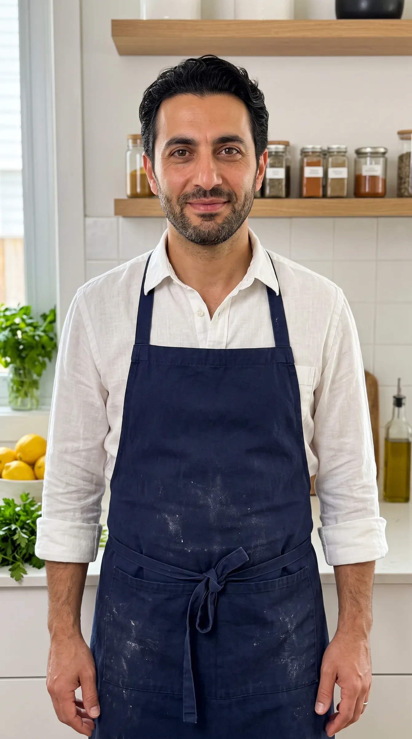 AI-generated home cook in a navy apron in a sunlit kitchen