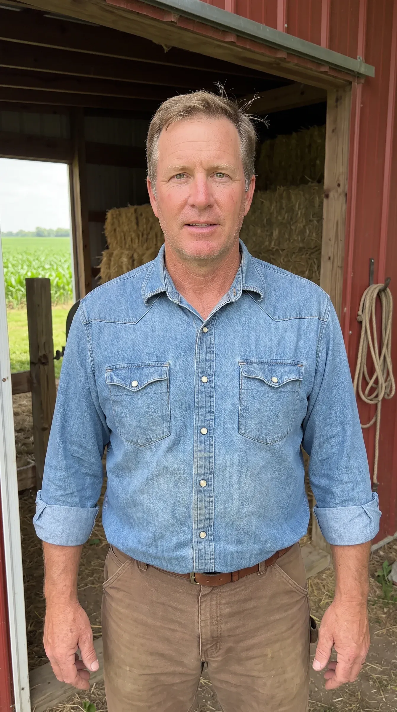 AI-generated farmer in a denim shirt at a red barn door beside a cornfield