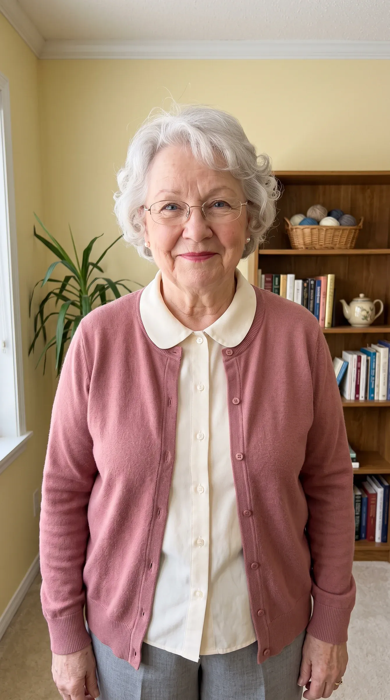 AI-generated grandmother with silver curls and a rose cardigan in her living room
