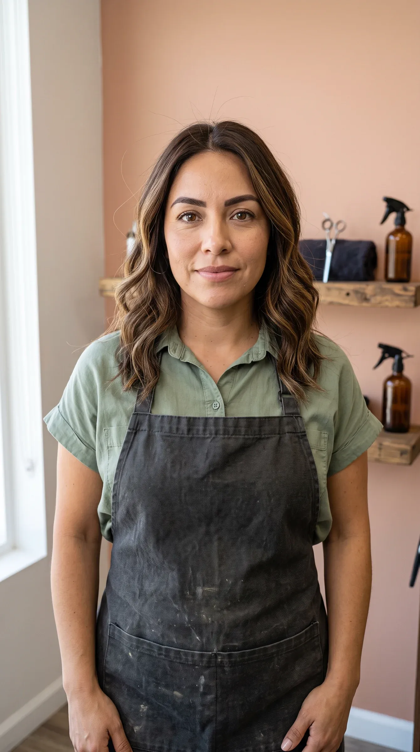 AI-generated female hairstylist wearing a canvas apron in a modern salon