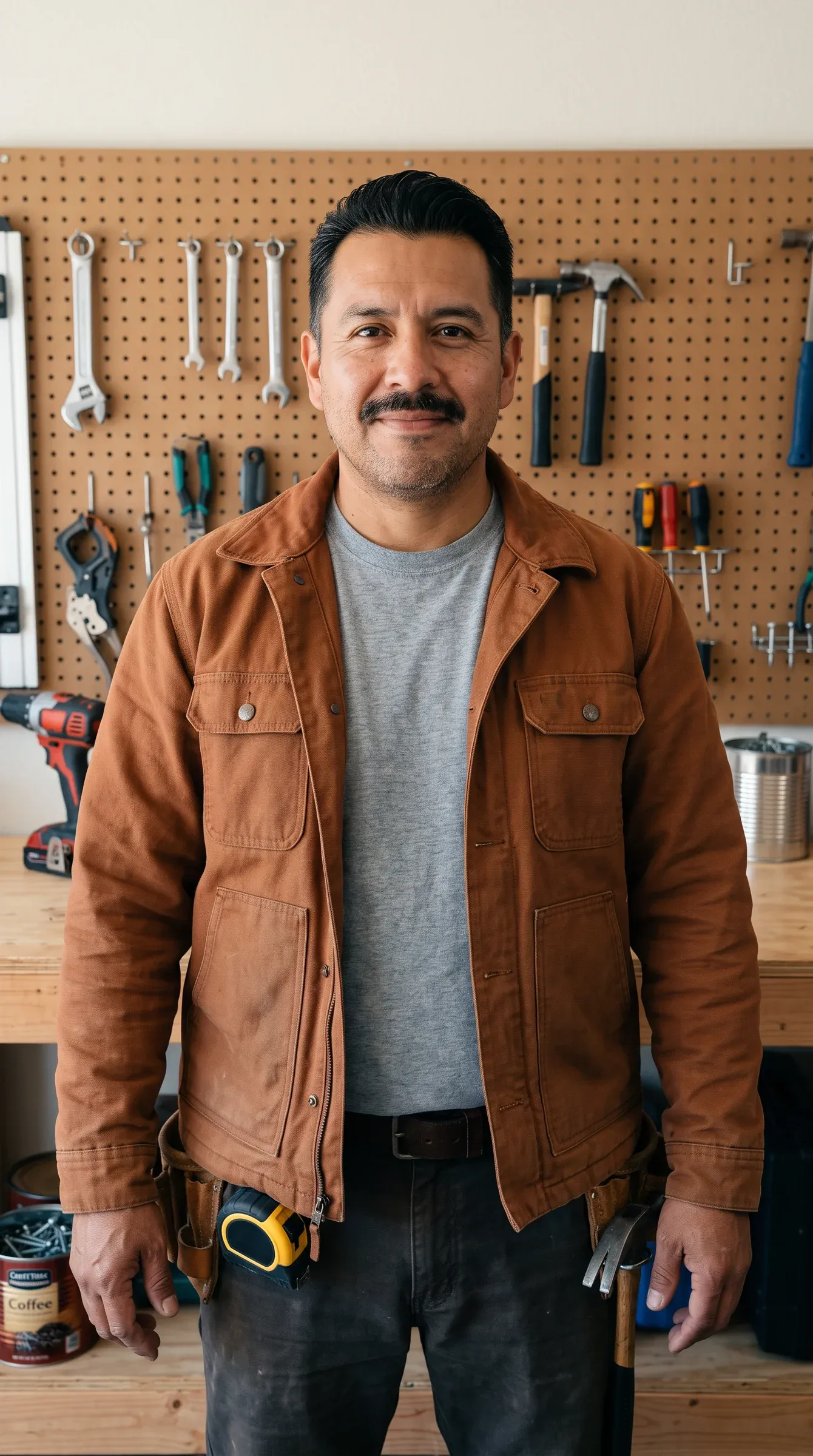 AI-generated handyman in a canvas work jacket in front of a pegboard of tools