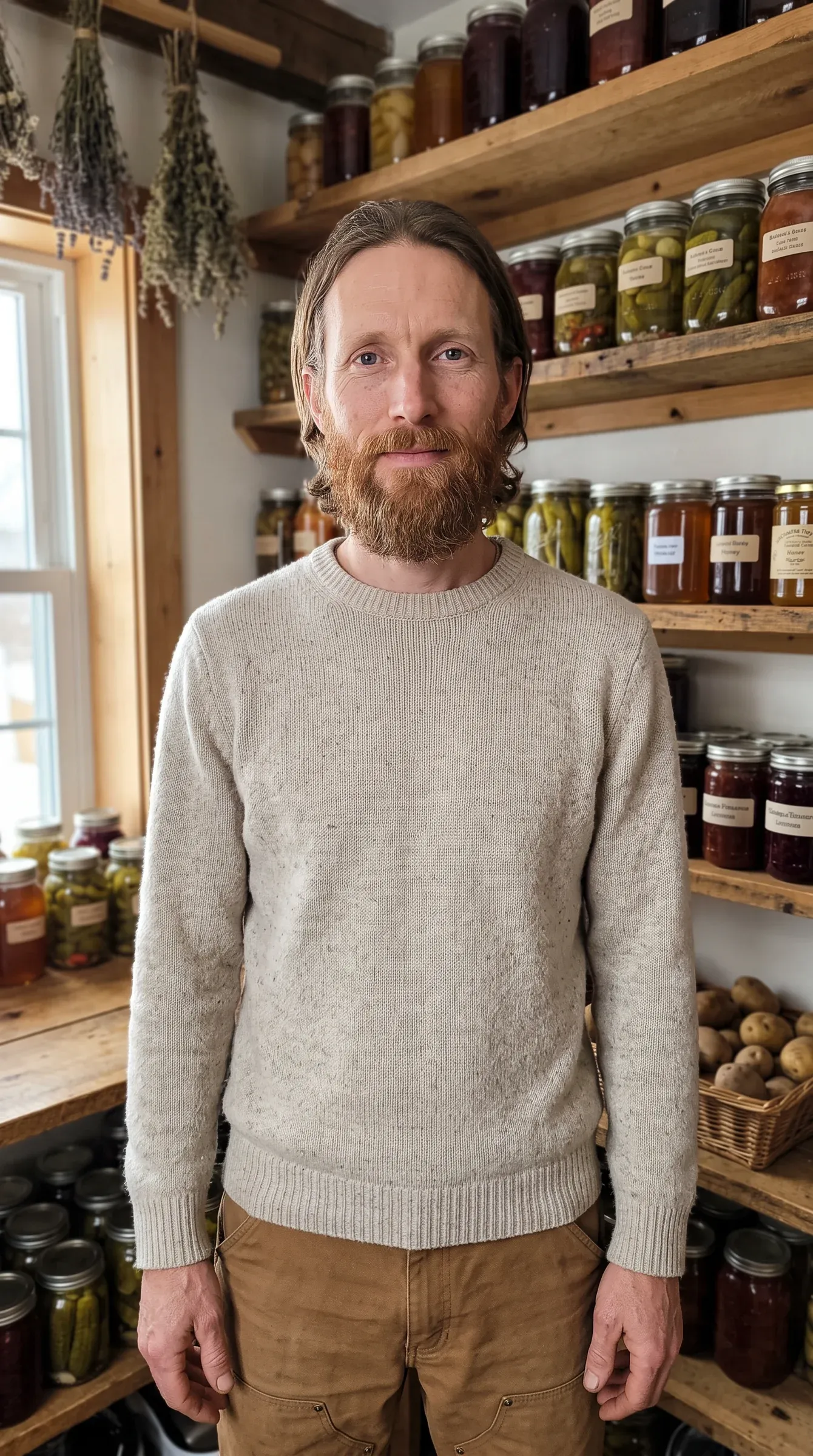 AI-generated homesteader with an auburn beard in a pantry lined with preserves