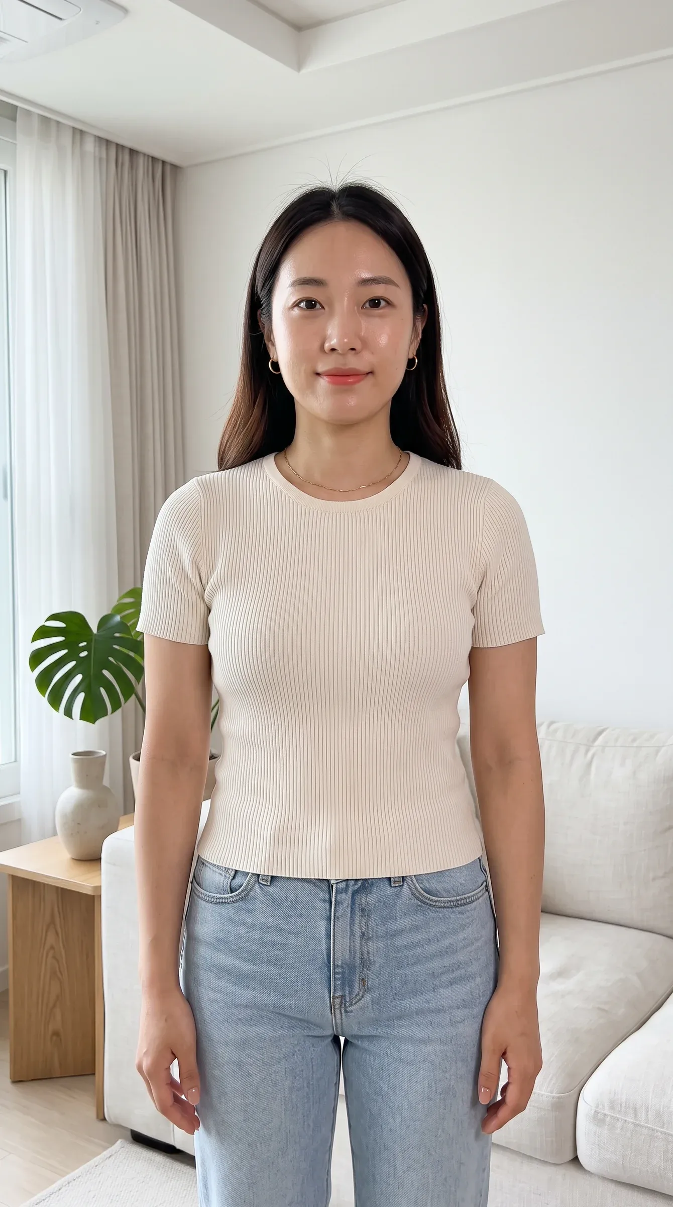 AI-generated lifestyle creator in a cream knit top in a bright apartment