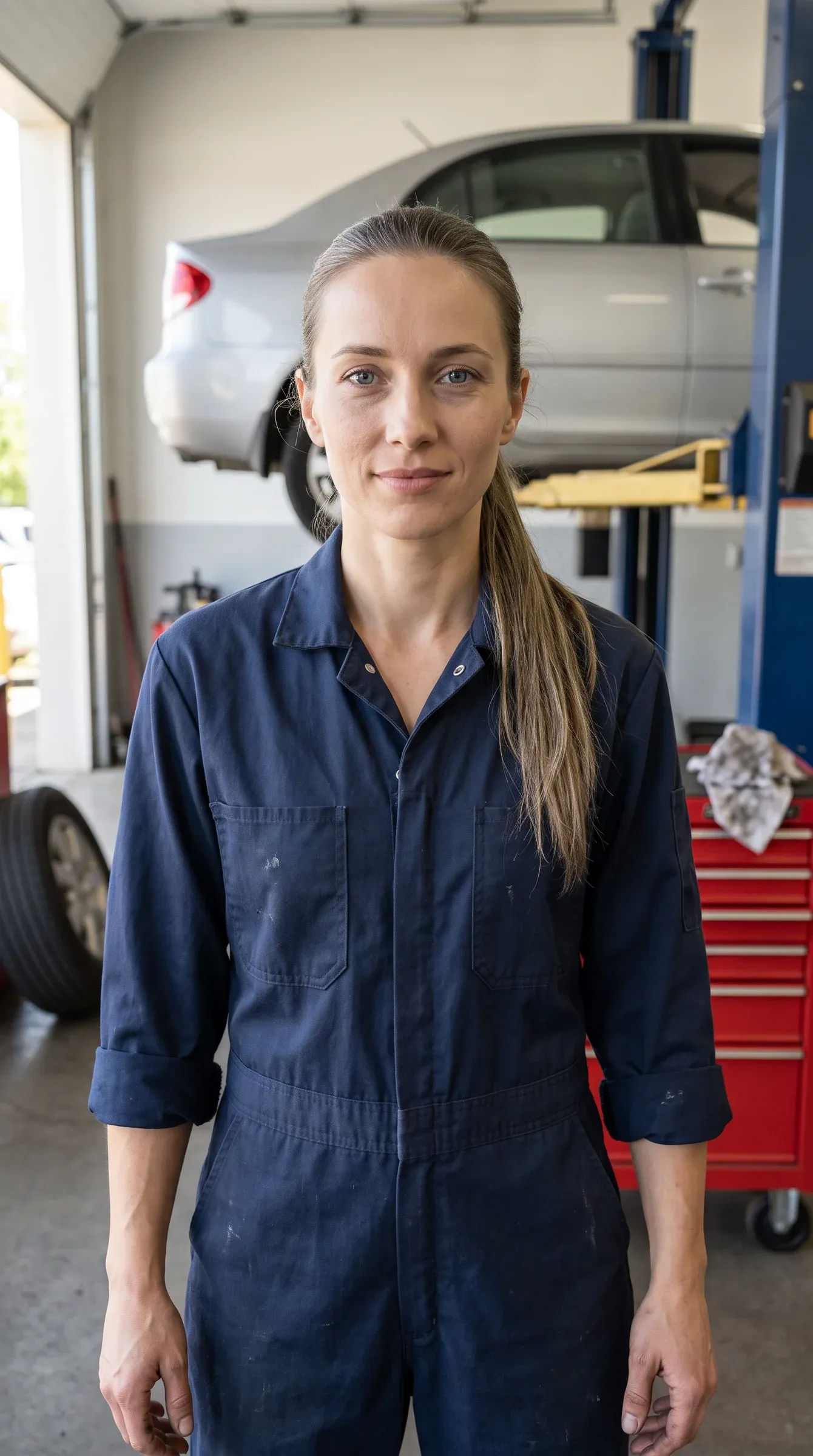 AI-generated mechanic in a navy work coverall in front of a car on a lift