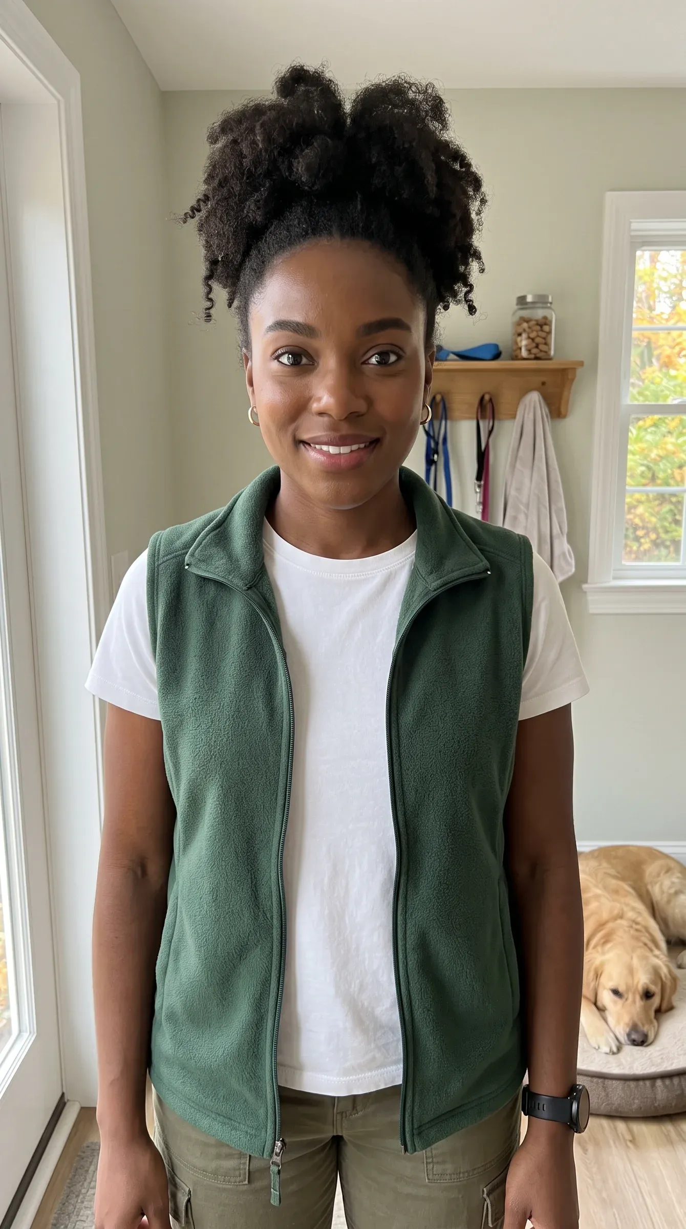 AI-generated pet sitter in a green fleece vest with a golden retriever behind her