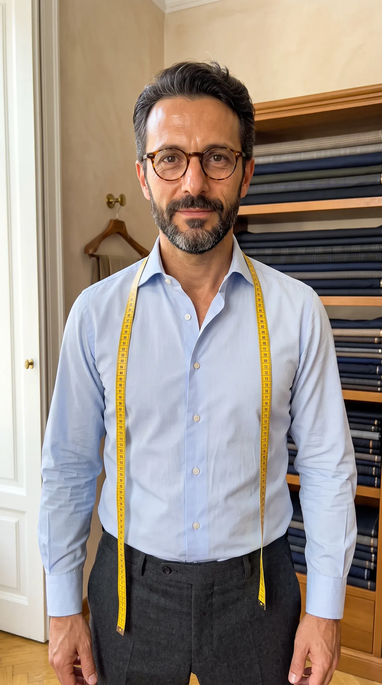 AI-generated Italian master tailor with glasses and measuring tape in a workshop