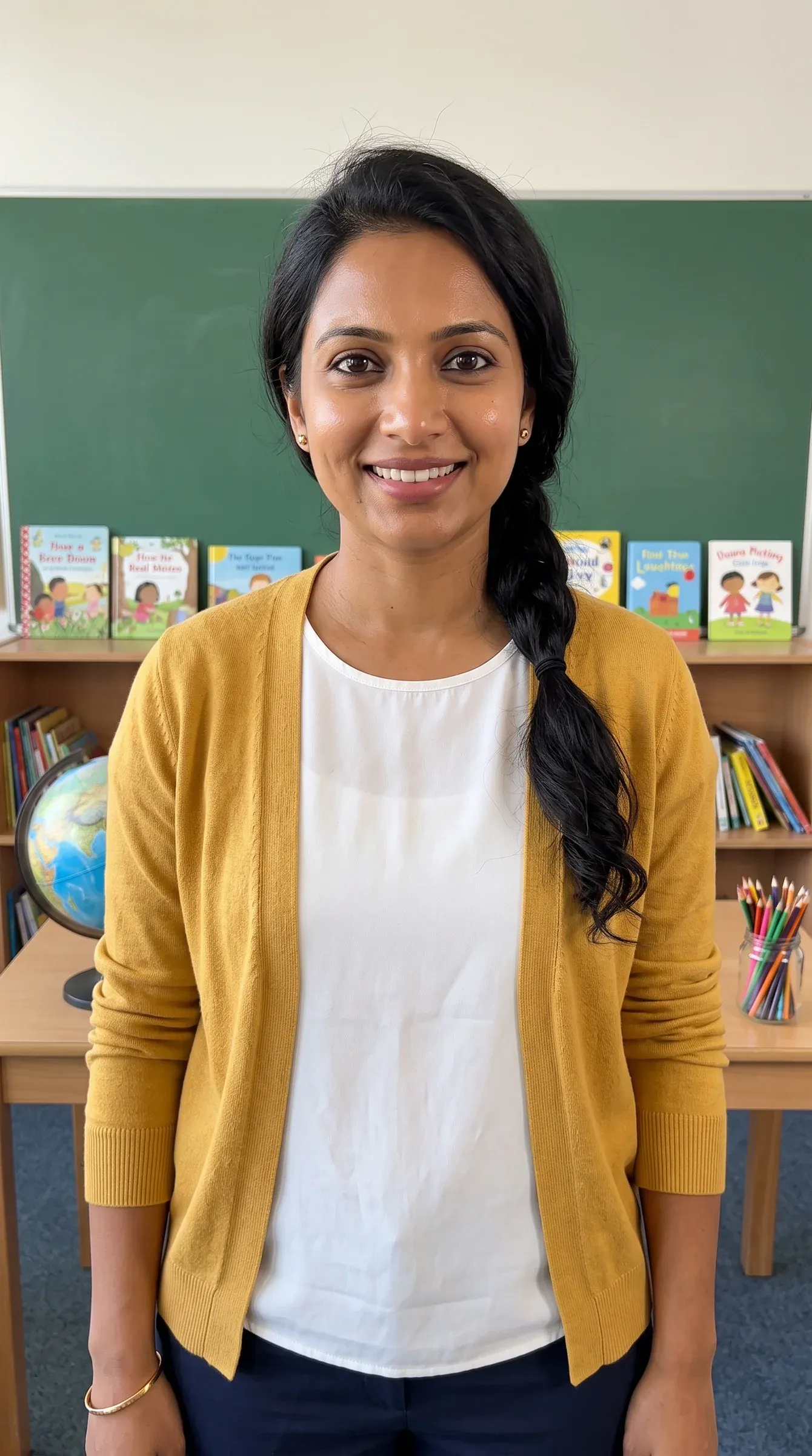 AI-generated teacher in a mustard cardigan in front of a classroom chalkboard