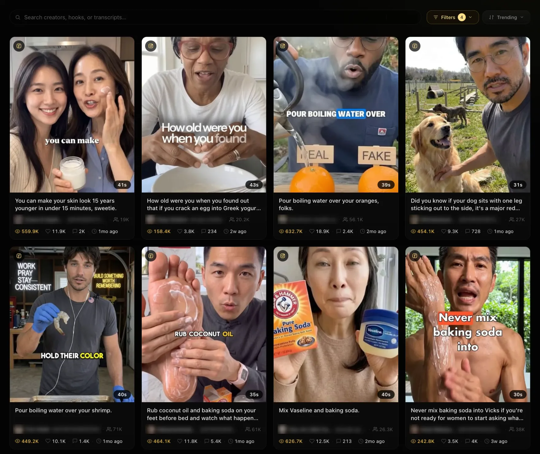 The Phersa Discover page: a grid of proven Instagram and Facebook videos sorted by Trending, each card with its hook, views, likes, comments and when it was posted.