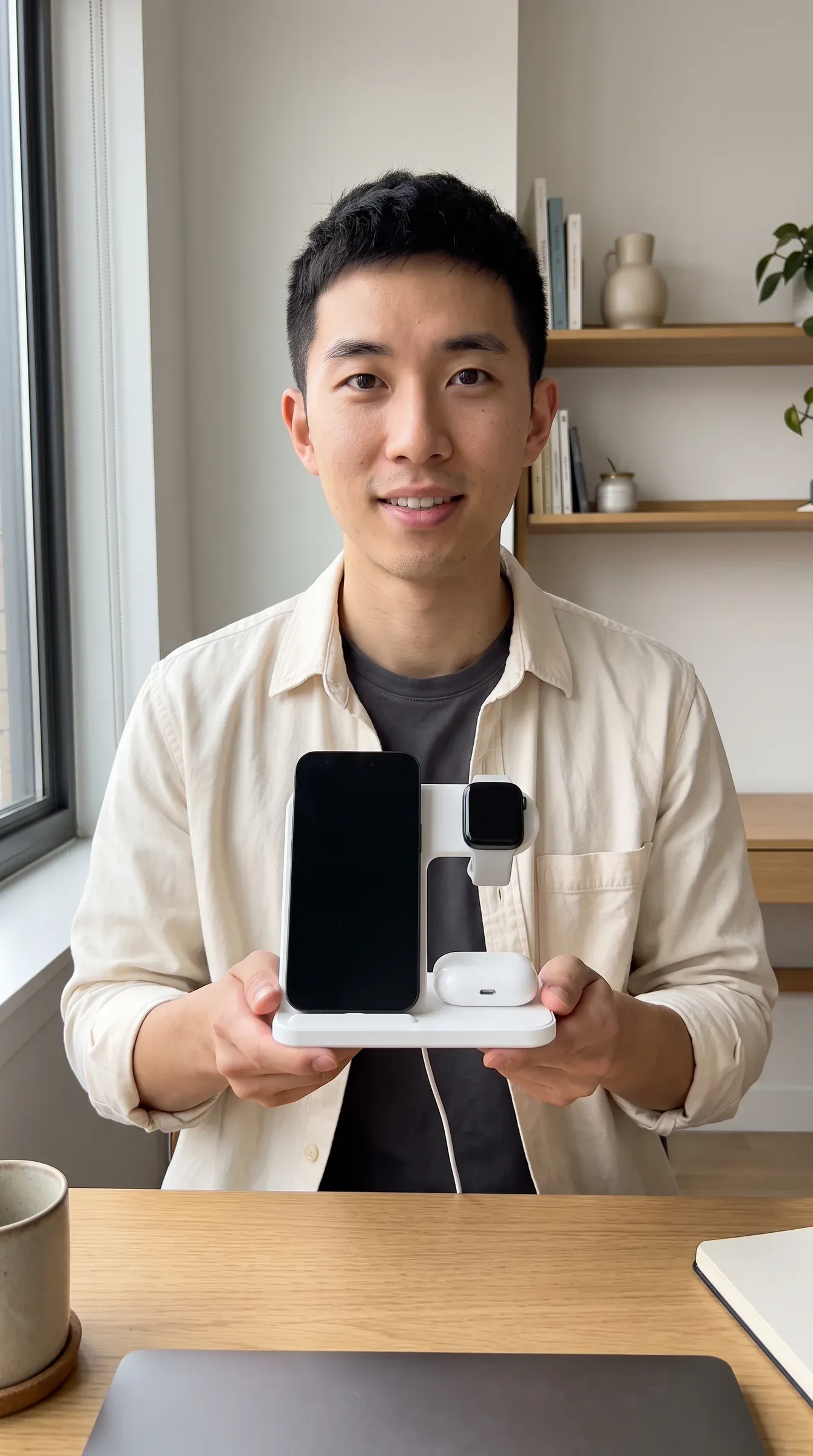 AI-generated persona in a cream overshirt at a tidy desk, holding a white 3-in-1 wireless charging stand with a phone, a watch and an earbuds case on it