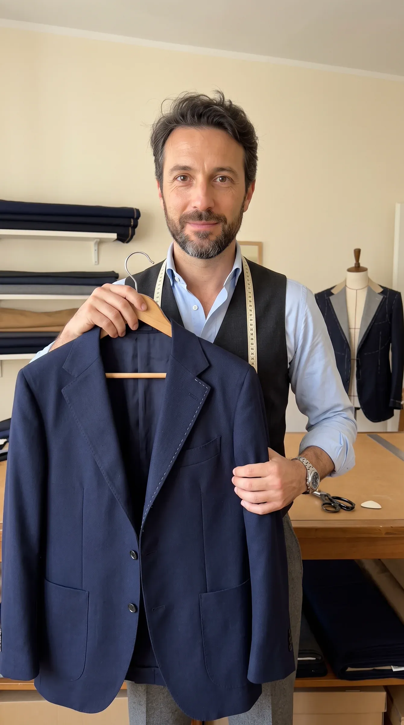 AI-generated tailor in a light blue shirt and charcoal waistcoat with a tape measure around his neck, holding up a navy jacket on a wooden hanger in his workshop