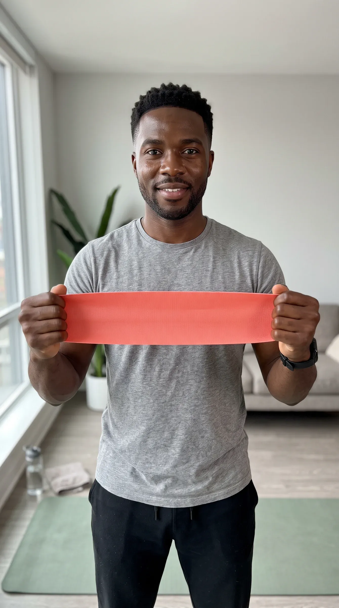 AI-generated persona in a grey t-shirt and black joggers, smiling and stretching a coral resistance band at chest height in a bright living room