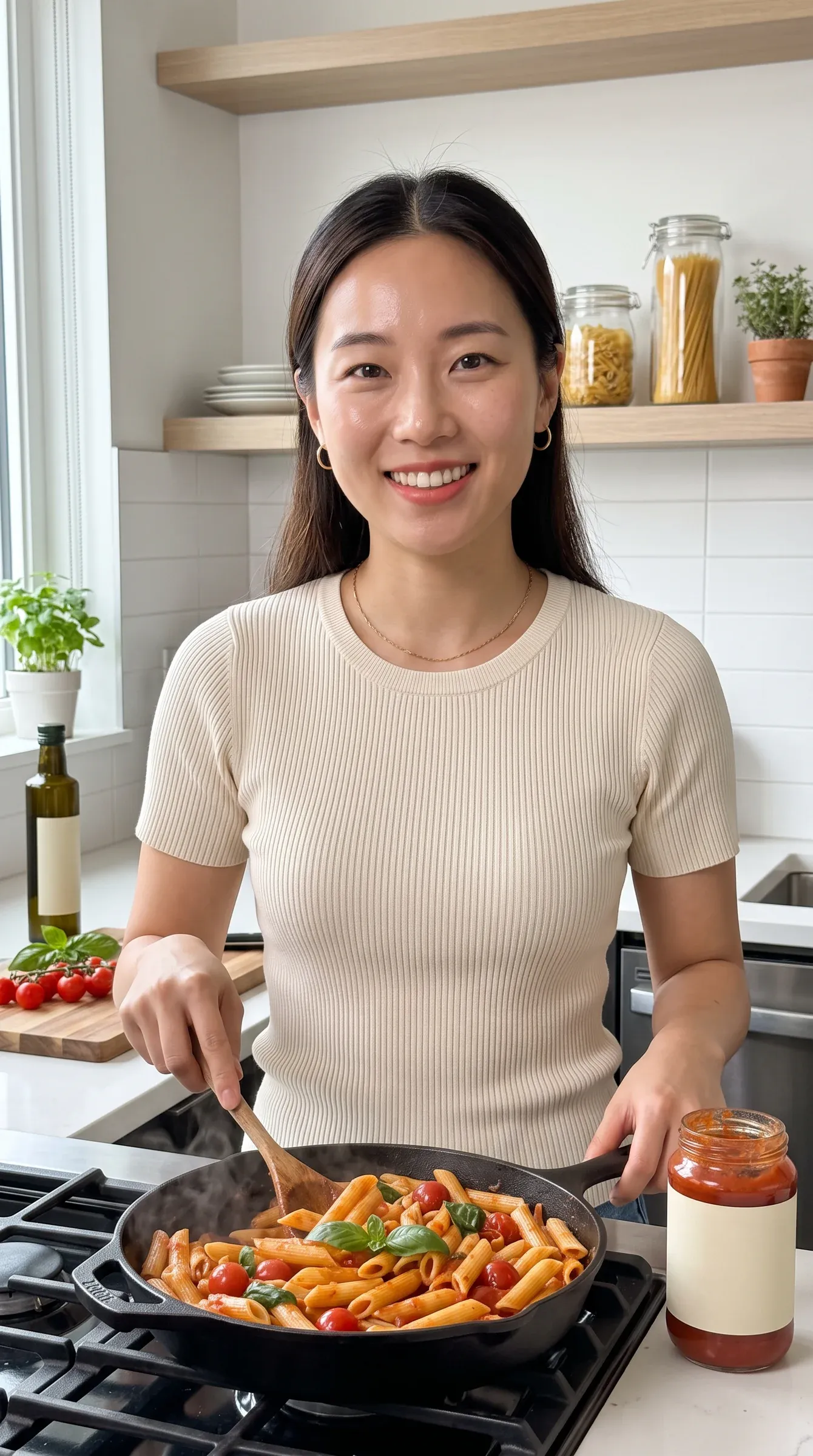 AI-generated persona in a cream ribbed top stirring a one-pan penne in tomato sauce with basil on a gas stove, a jar of pasta sauce beside the pan, in a bright apartment kitchen