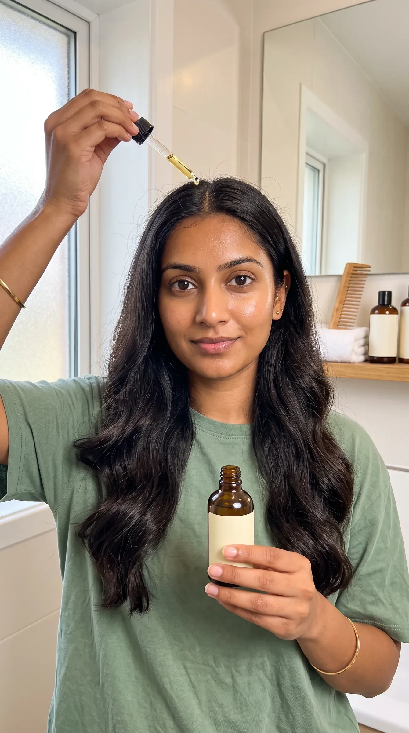 AI-generated persona with long dark waves in a sage t-shirt, holding a dropper of golden hair oil at her middle part and an amber bottle in her other hand, in a bright bathroom