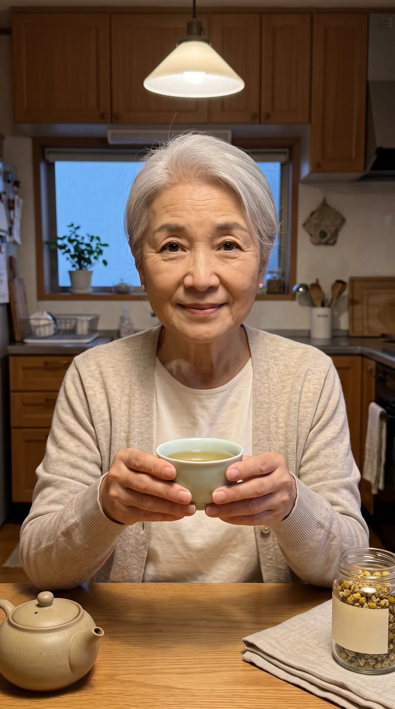 AI-generated grandmother with a silver bob and an oatmeal cardigan at her kitchen table in the evening, holding a small cup of chamomile tea toward the camera, a teapot and a jar of dried chamomile beside her