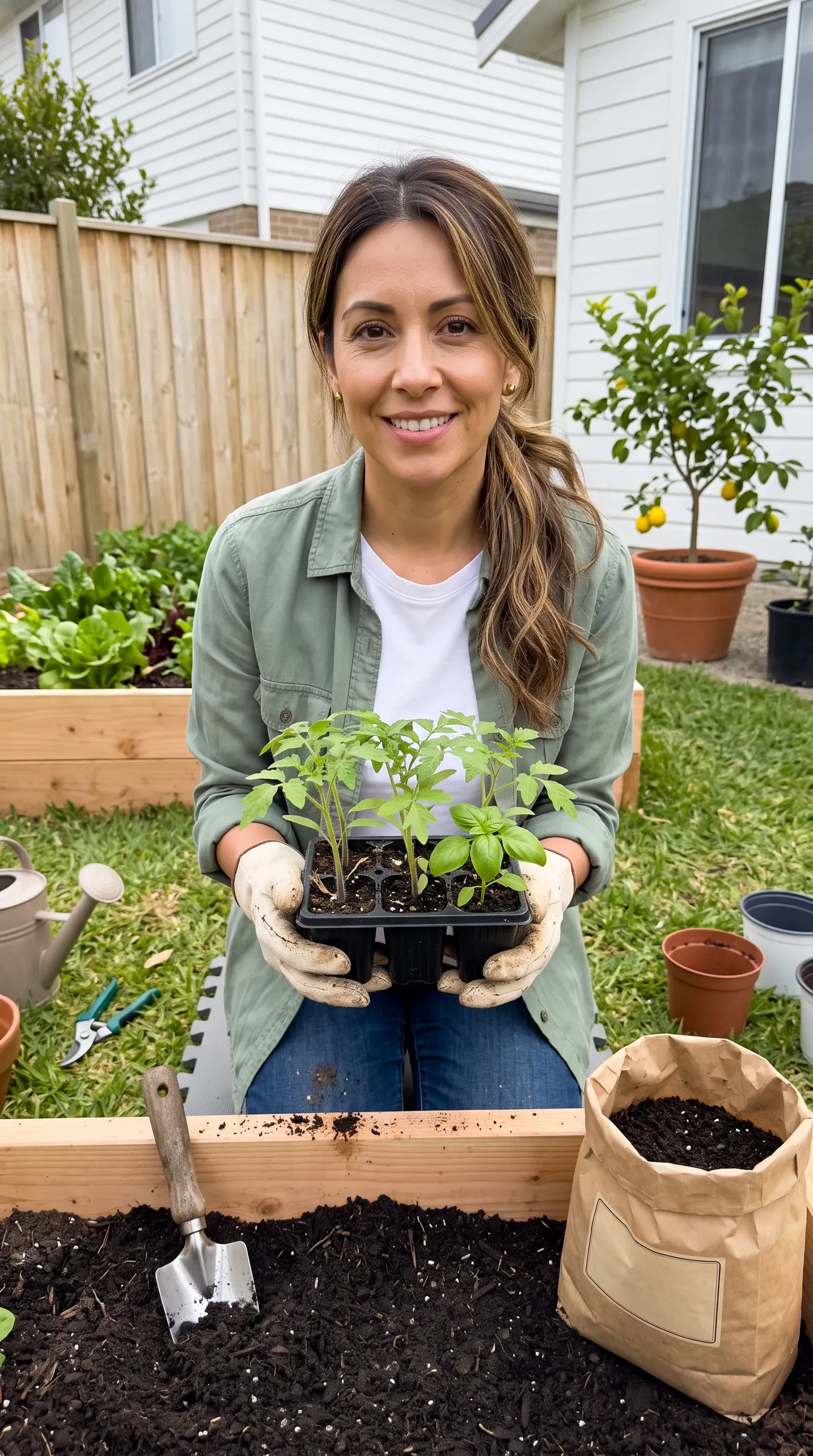 AI-generated persona in a sage overshirt and gardening gloves kneeling behind a raised bed of fresh soil, holding a tray of tomato and basil seedlings, a bag of garden soil beside her in a sunny backyard