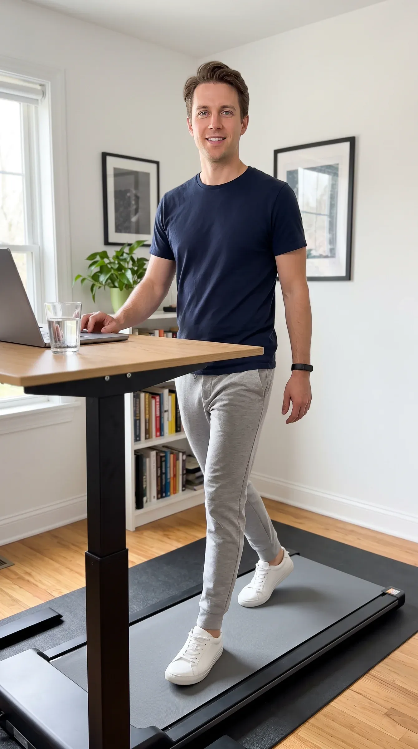 AI-generated persona in a navy t-shirt and grey joggers walking on a walking pad under a standing desk with a laptop, in a bright home office