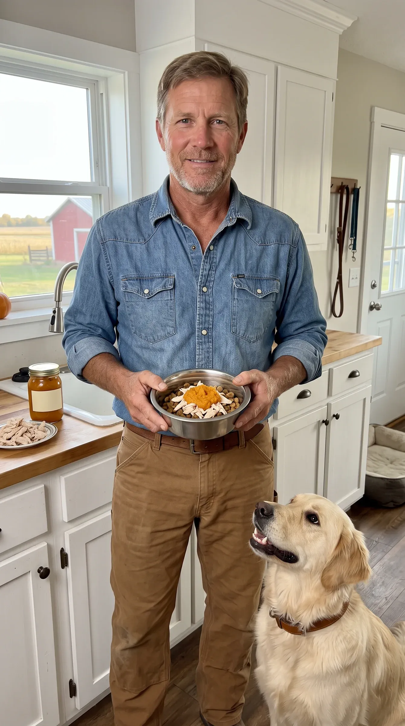 AI-generated persona in a denim work shirt holding a steel dog bowl of kibble with shredded chicken and pumpkin in a farmhouse kitchen, a golden retriever sitting at his feet looking up at the bowl