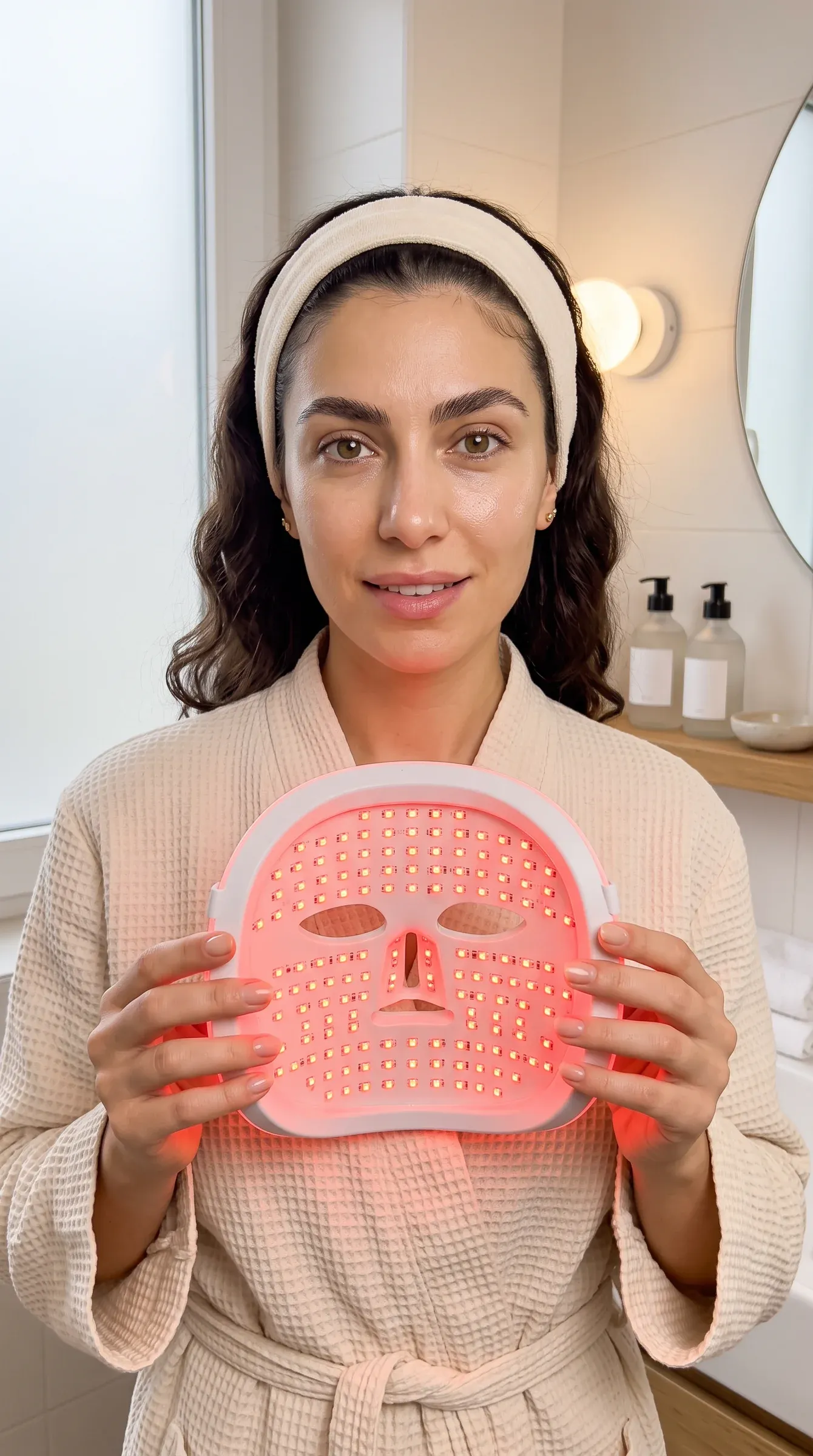 AI-generated persona in a cream robe and headband holding an LED red light therapy mask, its red lights toward the camera, in a bright bathroom
