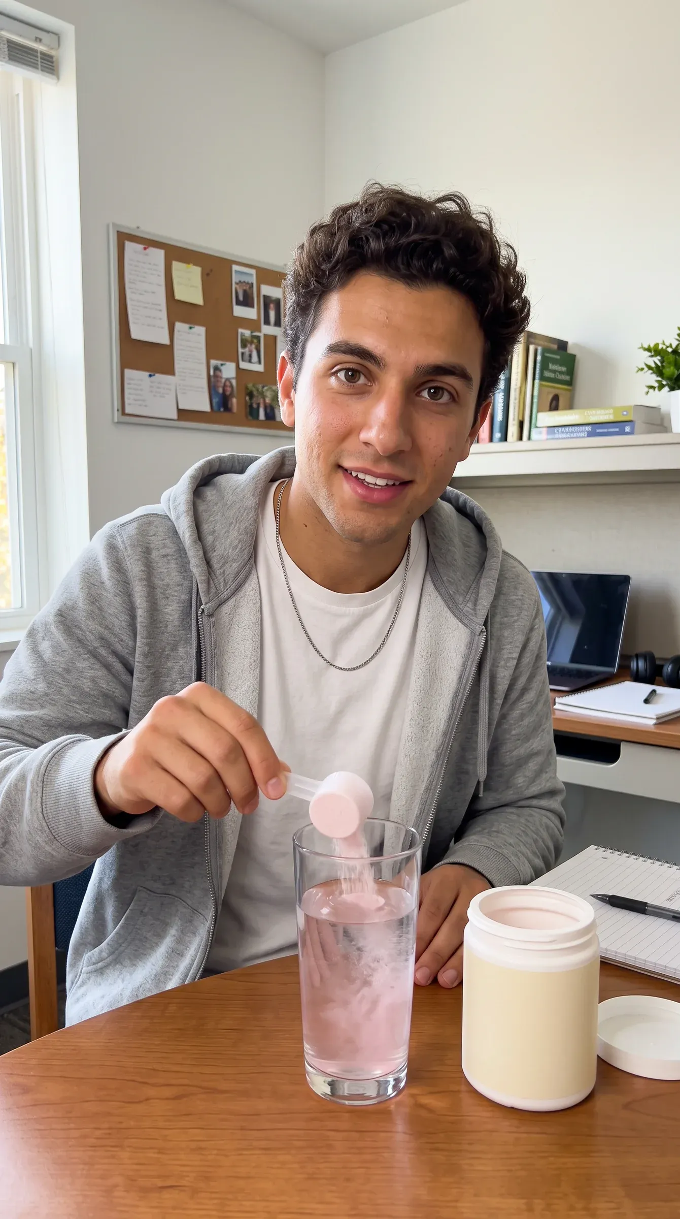 AI-generated persona in a grey hoodie at his desk, tipping a scoop of pale pink hydration powder into a tall glass of water beside the open tub