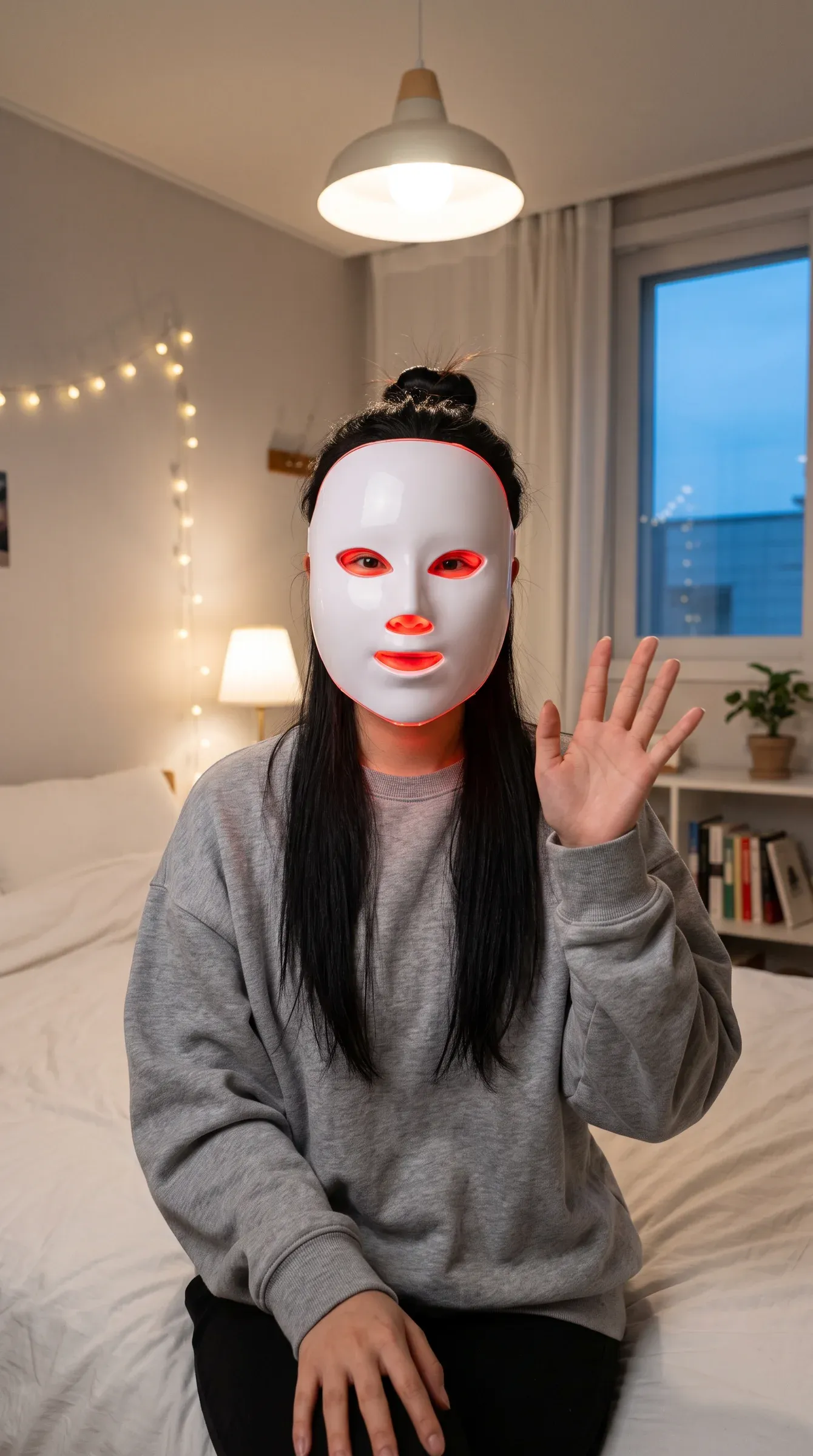 Skincare reel: a woman waves from her bed wearing a glowing red light mask
