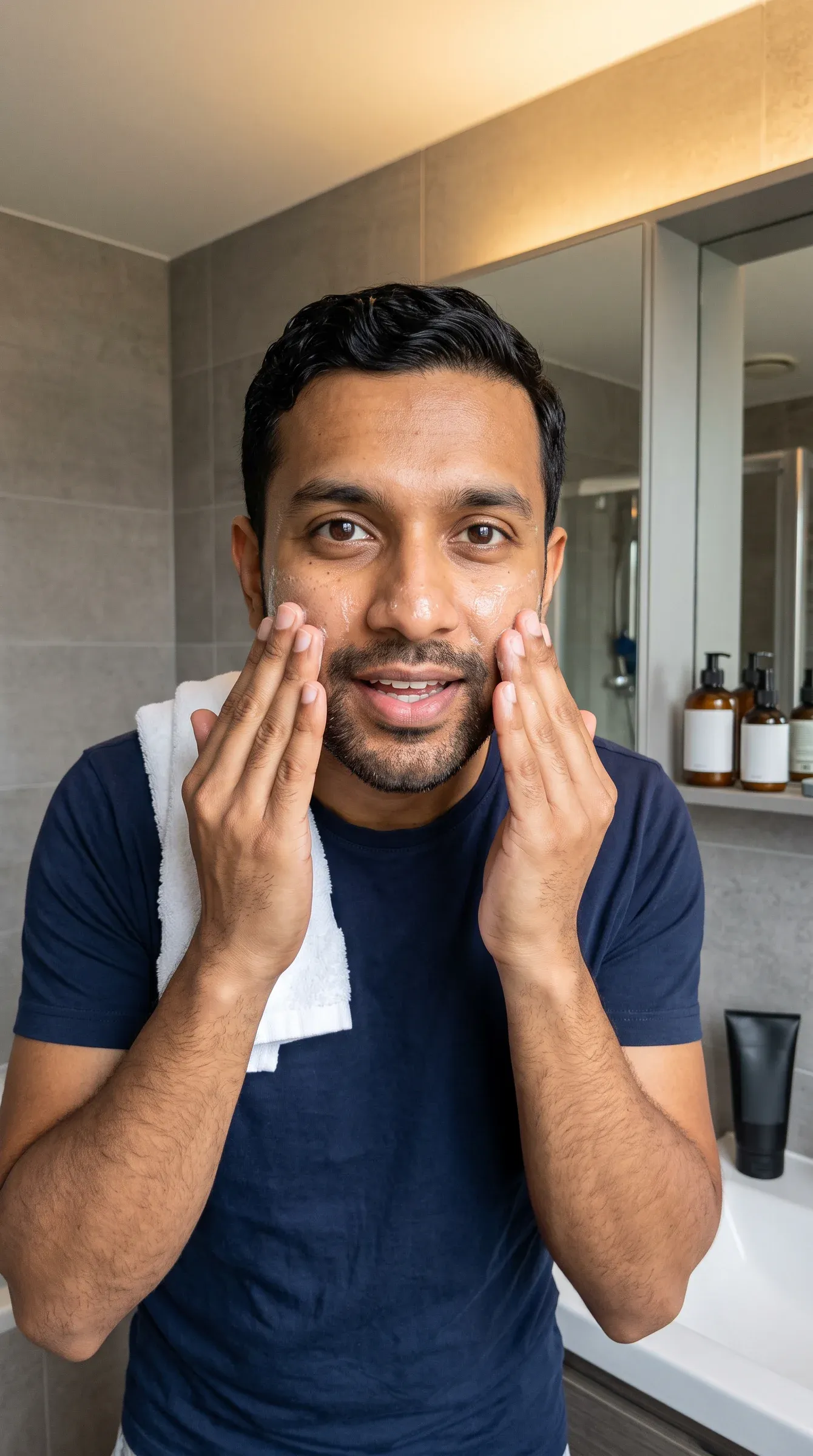 Skincare reel: a man massages cleanser into his face at the sink