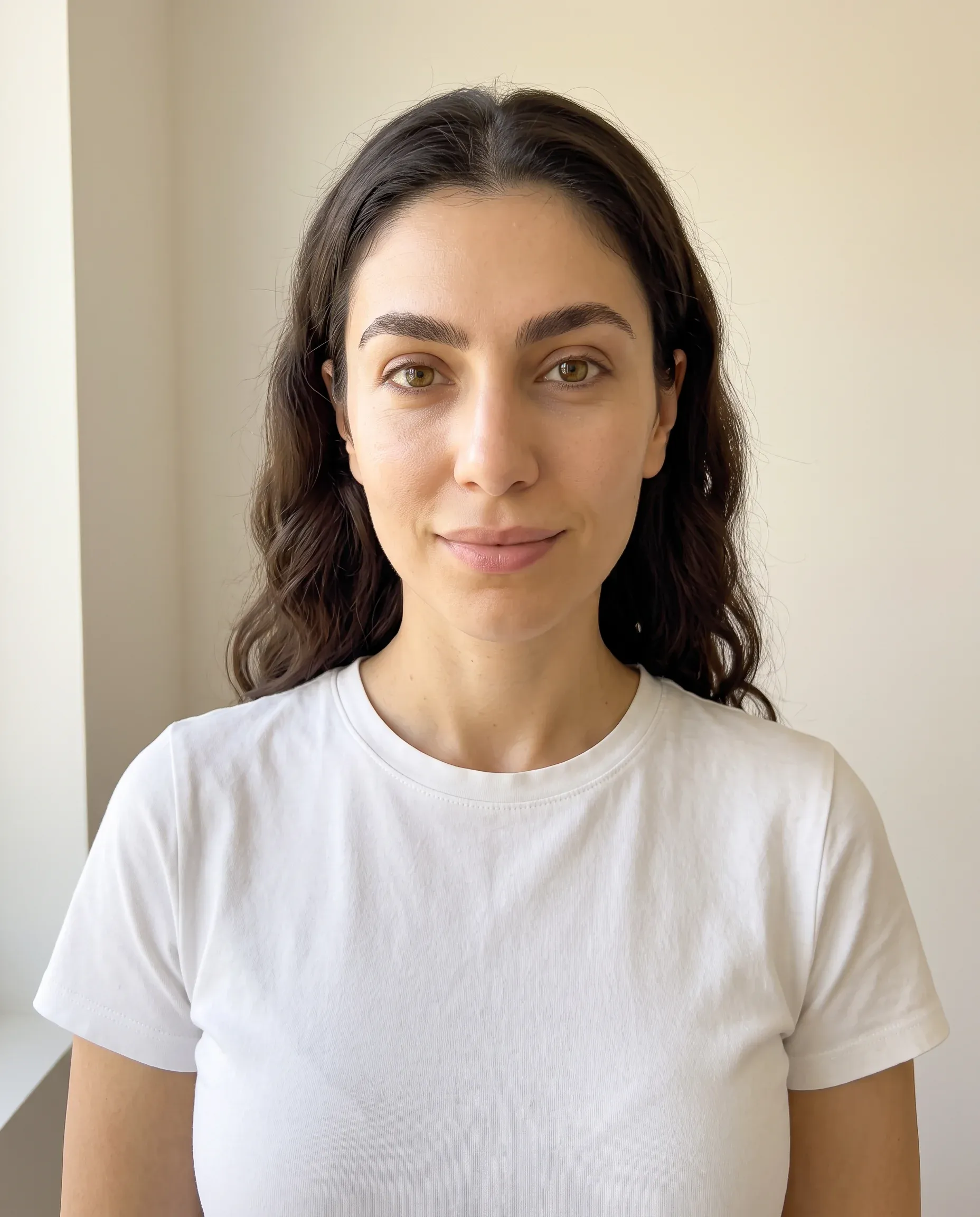 Persona photo of Eleni: dark wavy hair, white t-shirt, plain wall