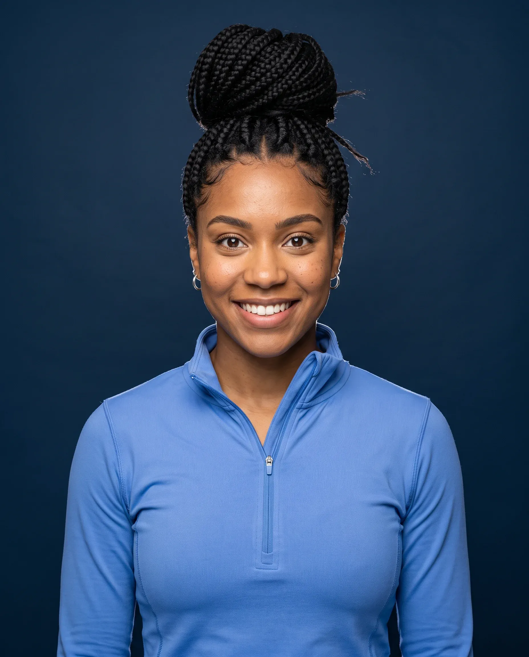 AI-generated woman with braids in a blue athletic top